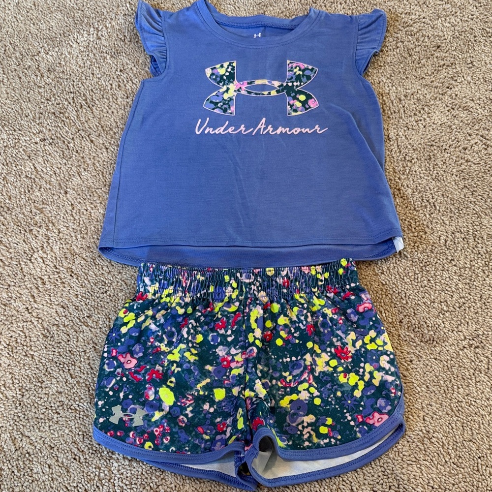 Under Armour Girls 18 month Purple Tee and Vibrant floral Patterned Shorts